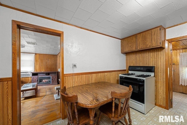 202 Washington Ave, Osco, IL 61274 - dining area featuring wooden walls, ornamental molding, wainscoting, and a lit fireplace