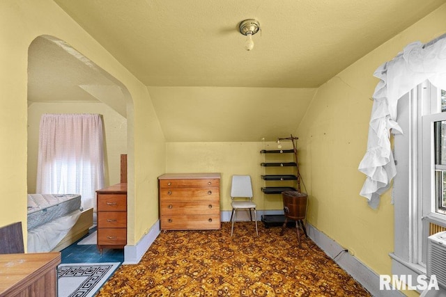 202 Washington Ave, Osco, IL 61274 - bedroom featuring lofted ceiling, arched walkways, and a textured ceiling