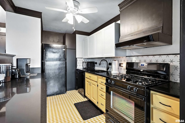 1800 7th St Unit 10E, East Moline, IL 61244 - kitchen featuring black appliances, a ceiling fan, dark countertops, and custom exhaust hood