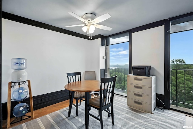 1800 7th St Unit 10E, East Moline, IL 61244 - dining space featuring floor to ceiling windows, ceiling fan, plenty of natural light, and wood finished floors