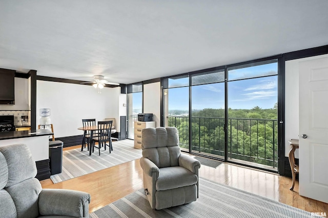 1800 7th St Unit 10E, East Moline, IL 61244 - living area with a wall of windows, light wood finished floors, and a ceiling fan