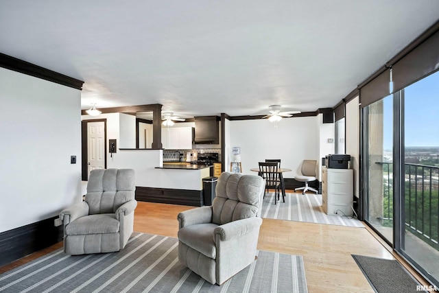 1800 7th St Unit 10E, East Moline, IL 61244 - living room with ceiling fan, healthy amount of natural light, light wood-style floors, and ornamental molding