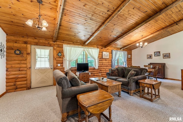 4830 Wyoming Ave, Davenport, IA 52806 - living area featuring a chandelier, light carpet, wood ceiling, and log walls