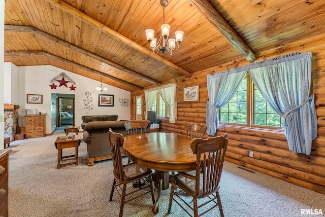 4830 Wyoming Ave, Davenport, IA 52806 - dining area featuring carpet, wood ceiling, rustic walls, and a chandelier
