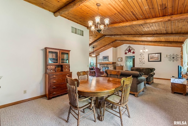 4830 Wyoming Ave, Davenport, IA 52806 - dining area featuring a chandelier, light carpet, wooden ceiling, and a glass covered fireplace