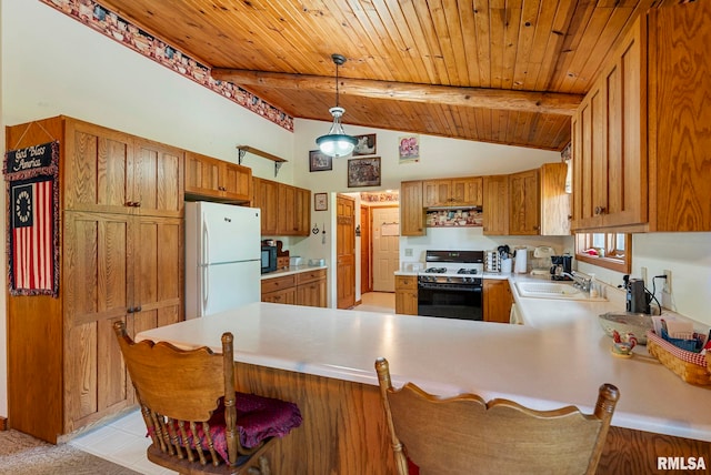 4830 Wyoming Ave, Davenport, IA 52806 - kitchen with white appliances, light countertops, a peninsula, hanging light fixtures, and wood ceiling