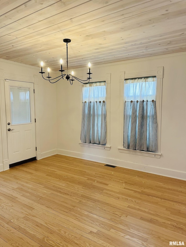 616 Elk St, Sabula, IA 52070 - unfurnished dining area with a chandelier, light wood finished floors, crown molding, and wood ceiling