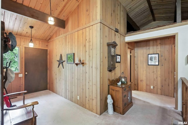 28002 230th St, Le Claire, IA 52753 - carpeted foyer with wood walls and wood ceiling