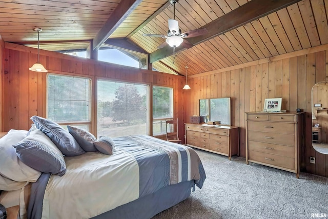 28002 230th St, Le Claire, IA 52753 - bedroom featuring light carpet, wooden walls, wood ceiling, and ceiling fan