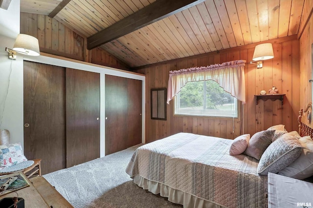28002 230th St, Le Claire, IA 52753 - bedroom with wood ceiling, wood walls, multiple closets, and carpet flooring