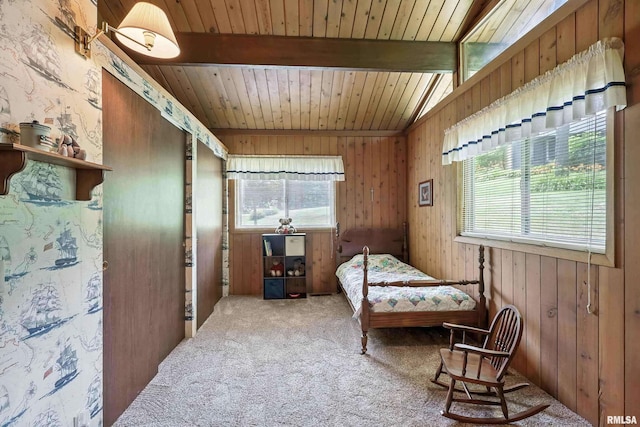 28002 230th St, Le Claire, IA 52753 - bedroom featuring a wooden ceiling with exposed beams, carpet flooring, and wooden walls