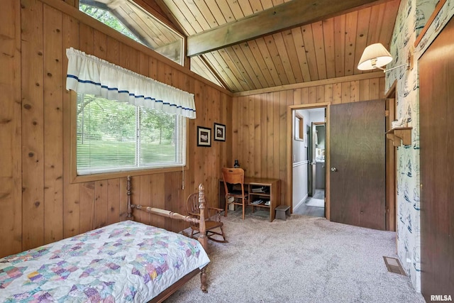 28002 230th St, Le Claire, IA 52753 - bedroom featuring carpet, wood walls, and wood ceiling