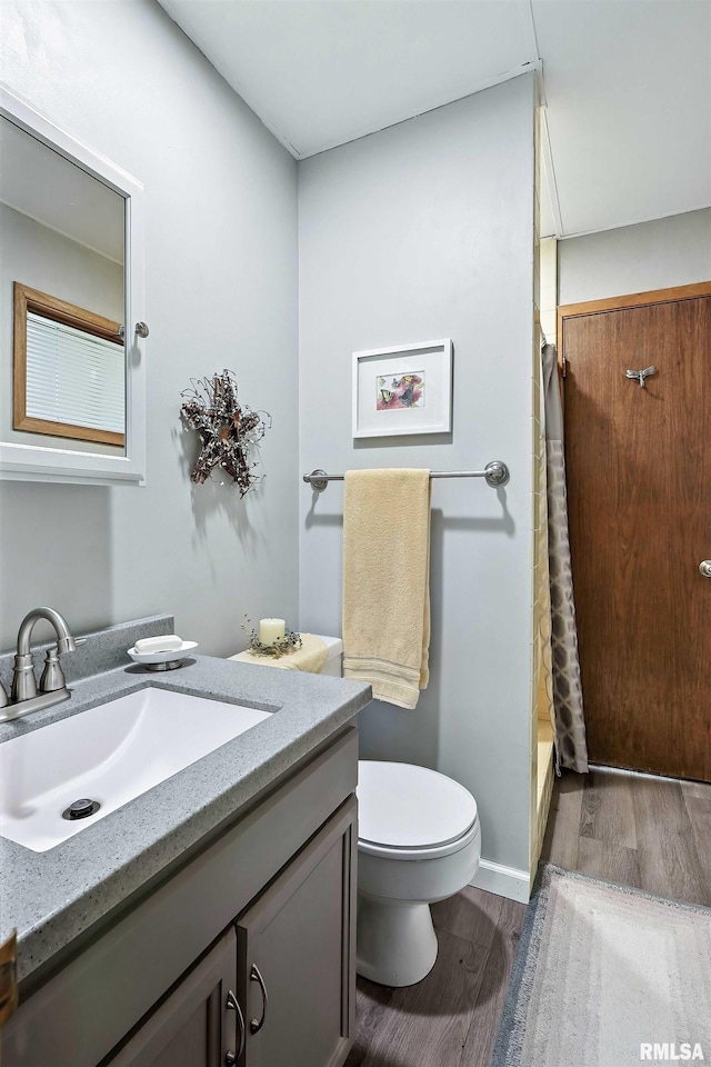 28002 230th St, Le Claire, IA 52753 - bathroom featuring wood finished floors, vanity, and a shower with shower curtain