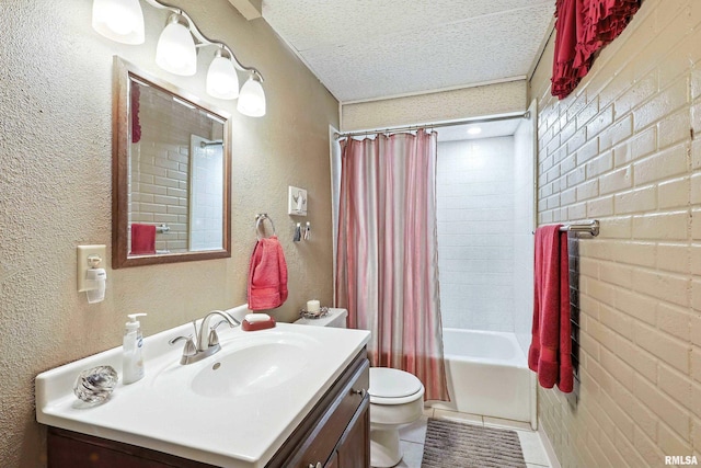 28002 230th St, Le Claire, IA 52753 - bathroom featuring a textured ceiling, vanity, tile patterned floors, and shower / bathtub combination with curtain