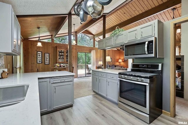 28002 230th St, Le Claire, IA 52753 - kitchen with appliances with stainless steel finishes, a peninsula, wood walls, light countertops, and light wood-style floors