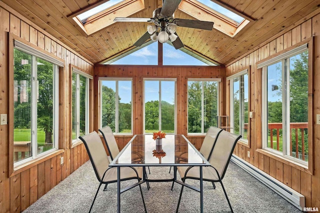 732 W 59th St, Davenport, IA 52806 - sunroom with a skylight, a baseboard radiator, wooden walls, vaulted ceiling, and plenty of natural light