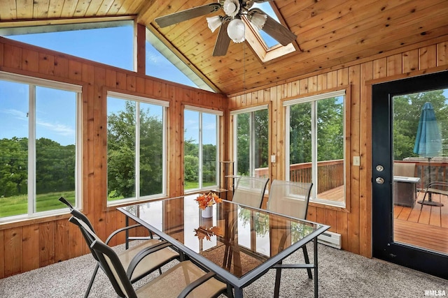 732 W 59th St, Davenport, IA 52806 - sunroom featuring a skylight, vaulted ceiling, carpet floors, wood walls, and a baseboard heating unit