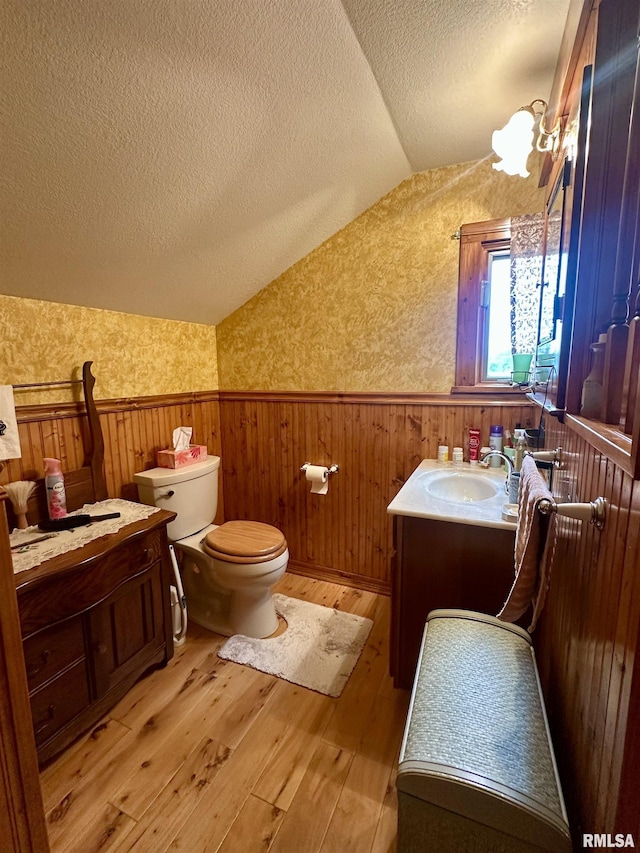 1723 Pershing Blvd, Clinton, IA 52732 - bathroom featuring wainscoting, a textured ceiling, vaulted ceiling, hardwood / wood-style flooring, and vanity