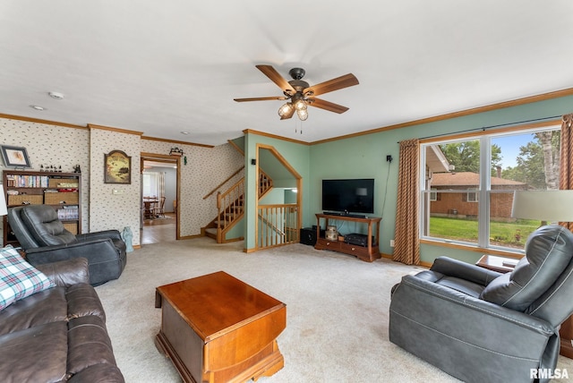 13118 65th Ave, Blue Grass, IA 52726 - living room featuring ornamental molding, stairs, ceiling fan, carpet, and wallpapered walls