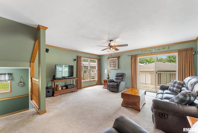 13118 65th Ave, Blue Grass, IA 52726 - living room featuring carpet floors, ornamental molding, and a ceiling fan