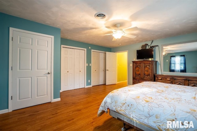 17000 Log Cabin Rd, Marion, IL 62959 - bedroom featuring two closets, wood finished floors, and a ceiling fan