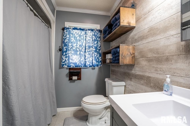 17000 Log Cabin Rd, Marion, IL 62959 - bathroom featuring vanity, crown molding, tile patterned floors, wooden walls, and a shower with curtain