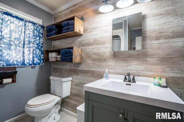 17000 Log Cabin Rd, Marion, IL 62959 - full bathroom featuring ornamental molding, wooden walls, vanity, and tile patterned flooring