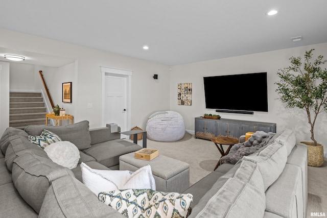 5835 Pigeon Creek Rd, Bettendorf, IA 52722 - carpeted living room with stairs and recessed lighting