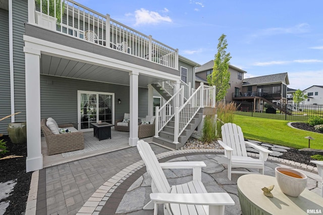 5835 Pigeon Creek Rd, Bettendorf, IA 52722 - view of patio featuring an outdoor living space with a fire pit, stairs, and a wooden deck