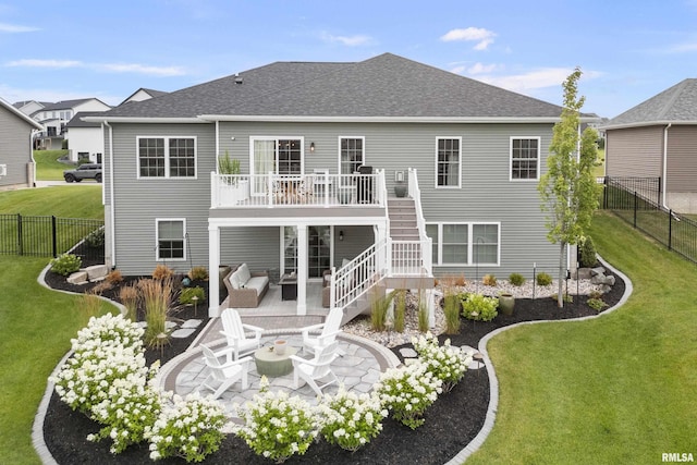 5835 Pigeon Creek Rd, Bettendorf, IA 52722 - rear view of house featuring a patio, stairway, a fenced backyard, a wooden deck, and an outdoor living space