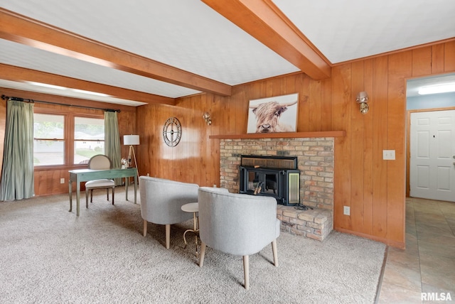 505 N 7th St, Eldridge, IA 52748 - living area with beamed ceiling, wooden walls, and a fireplace