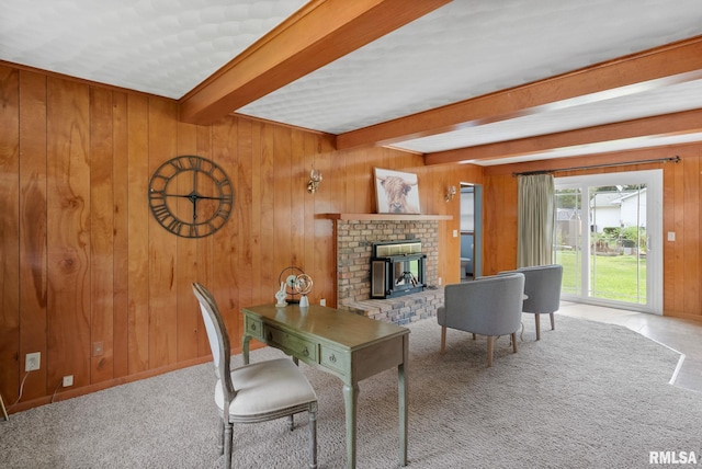 505 N 7th St, Eldridge, IA 52748 - carpeted living area featuring beamed ceiling, a brick fireplace, and wood walls