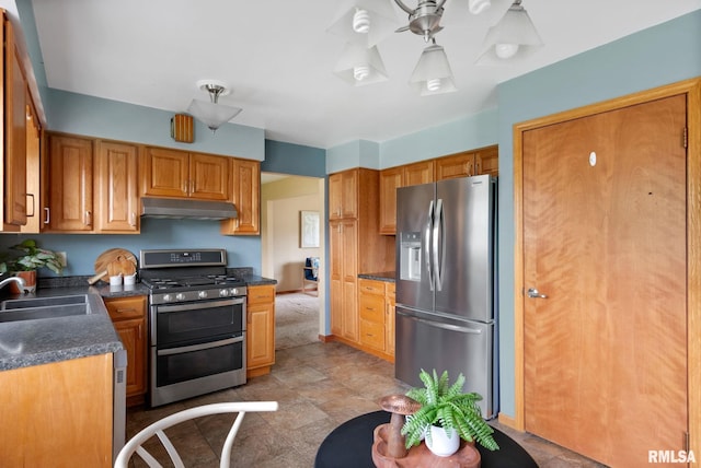 505 N 7th St, Eldridge, IA 52748 - kitchen with appliances with stainless steel finishes, under cabinet range hood, dark countertops, and brown cabinets