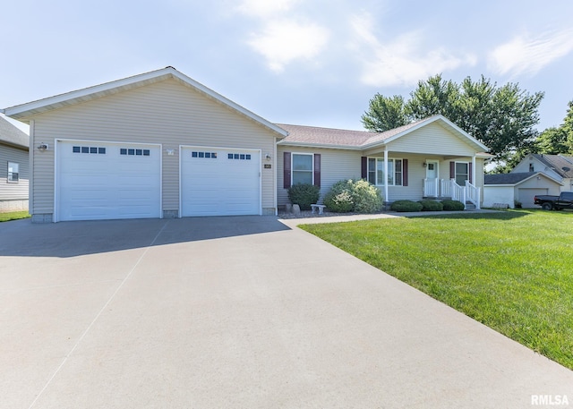 95 N 18th St, Clinton, IA 52732 - ranch-style home with concrete driveway, a garage, a front yard, covered porch, and roof with shingles