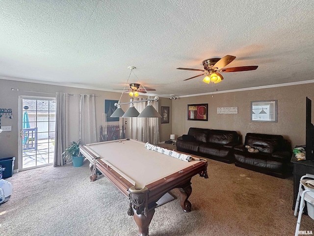 1426 32nd St, Rock Island, IL 61201 - game room with carpet, a textured ceiling, billiards, ceiling fan, and crown molding