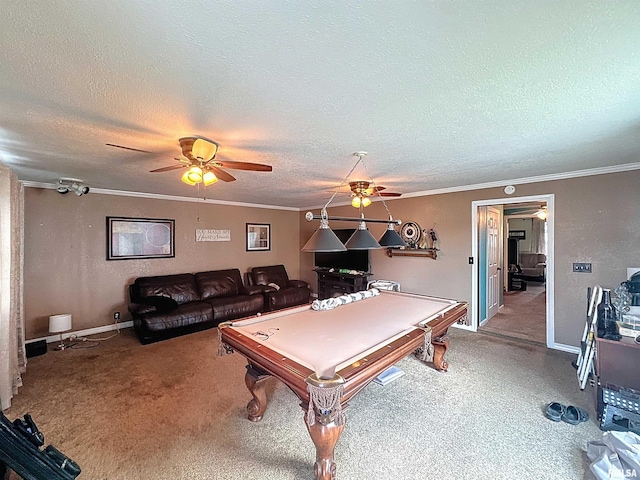 1426 32nd St, Rock Island, IL 61201 - game room featuring ceiling fan, ornamental molding, a textured ceiling, pool table, and carpet floors