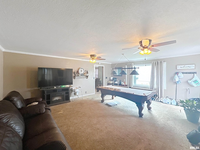 1426 32nd St, Rock Island, IL 61201 - game room featuring billiards table, ceiling fan, crown molding, carpet floors, and a textured ceiling