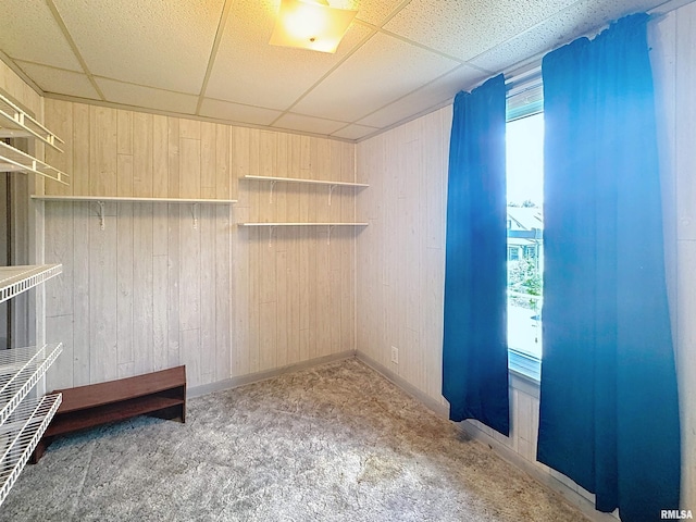 1426 32nd St, Rock Island, IL 61201 - carpeted empty room featuring wood walls, plenty of natural light, and a paneled ceiling