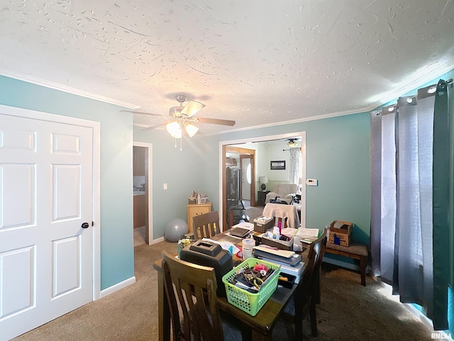 1426 32nd St, Rock Island, IL 61201 - dining space featuring a ceiling fan, carpet floors, crown molding, and a textured ceiling