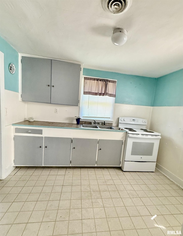 304 E Ames St, Yates City, IL 61572 - kitchen with electric stove and gray cabinetry