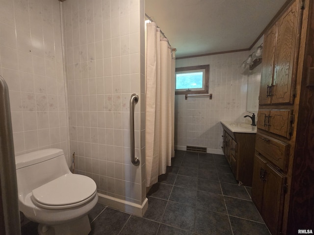 507 S Church St, Albany, IL 61230 - bathroom with tile walls, tile patterned floors, vanity, a shower with curtain, and crown molding