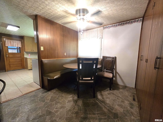 507 S Church St, Albany, IL 61230 - dining room featuring a ceiling fan, stone finish floors, and wooden walls