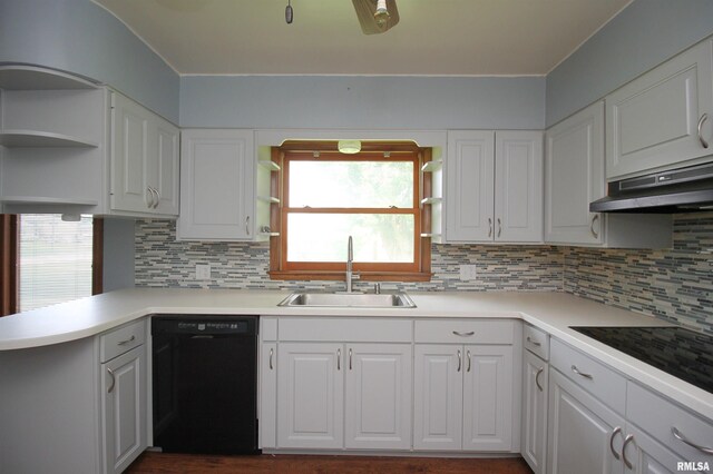 1524 W 4th St, Milan, IL 61264 - kitchen with black appliances, open shelves, white cabinetry, and decorative backsplash