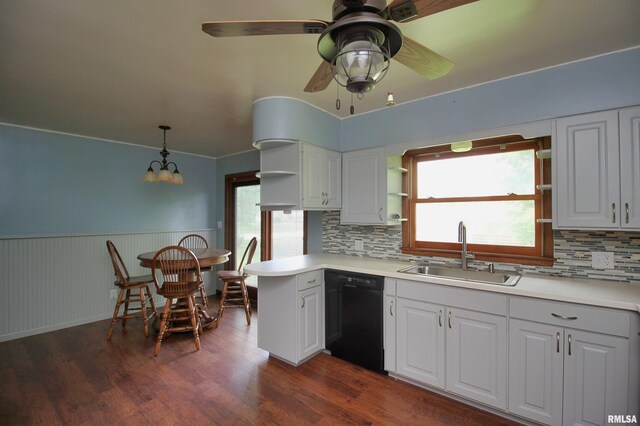 1524 W 4th St, Milan, IL 61264 - kitchen featuring black dishwasher, open shelves, a wainscoted wall, healthy amount of natural light, and light countertops