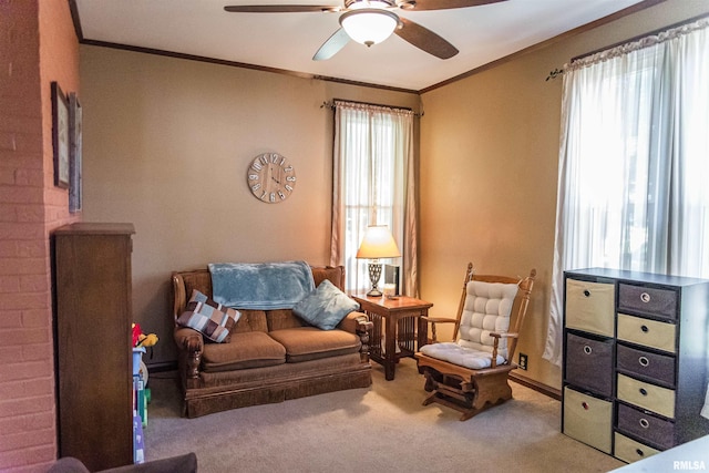 214 N Chestnut St, Mendon, IL 62351 - living area featuring crown molding, a ceiling fan, and carpet flooring