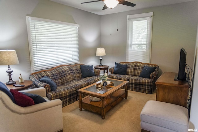 214 N Chestnut St, Mendon, IL 62351 - living room featuring ceiling fan and light colored carpet