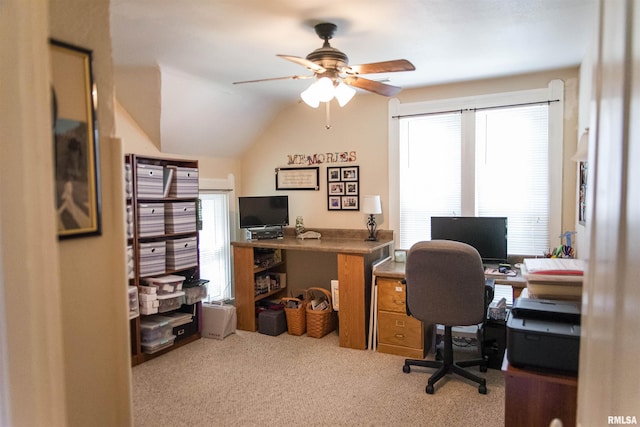 214 N Chestnut St, Mendon, IL 62351 - carpeted home office featuring a ceiling fan and lofted ceiling