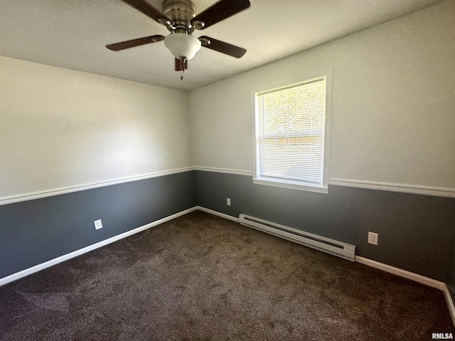 202 S 10th Ave, New Windsor, IL 61465 - empty room with a baseboard radiator, dark colored carpet, and a ceiling fan