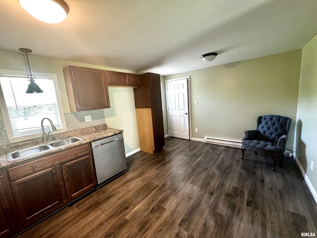 202 S 10th Ave, New Windsor, IL 61465 - kitchen with stainless steel dishwasher, baseboard heating, dark wood-style flooring, decorative backsplash, and pendant lighting