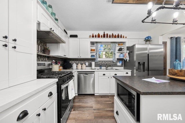 833 Robin Rd, Muscatine, IA 52761 - kitchen featuring stainless steel appliances, open shelves, range hood, and decorative backsplash